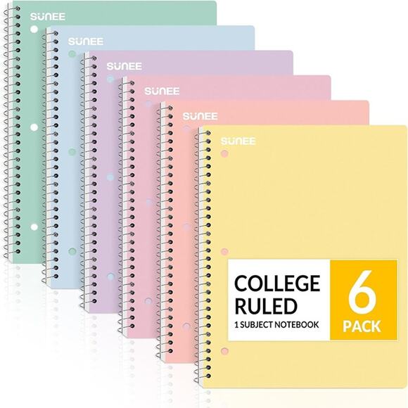 SUNEE Spiral Notebooks, 6 Pack, 1-Subject, College Ruled Paper, 8" x 10-1/2", - Picture 1 of 8